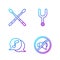 Set line Speaker mute, Musical note in speech bubble, Drum sticks and Musical tuning fork. Gradient color icons. Vector