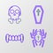 Set line Spider, Vampire teeth, Coffin with christian cross and Skull on crossbones icon. Vector