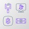 Set line Stacks paper money cash, Dollar symbol, Eagle and American football goal post icon. Vector