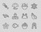 Set line Starfish, Fish steak, Shark fin soup, skeleton, Fisherman, Caviar and Scallop sea shell icon. Vector