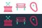 Set line Steak meat, Musical drum and sticks and Bench icon. Vector