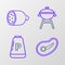 Set line Steak meat, Pepper, Barbecue grill and Salami sausage icon. Vector