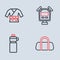 Set line Stopwatch, Fitness shaker, Sport bag and Kimono icon. Vector