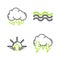 Set line Storm, Sunrise, Waves and Cloud with rain icon. Vector