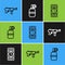 Set line Submachine gun M3, Dynamite and timer clock and Hand grenade icon. Vector