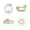 Set line Sun, Pickup truck, Cinema camera and Canteen water bottle icon. Vector