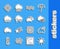 Set line Sun, Rainbow with clouds, Windy weather, Waves, Storm, Cloud rain, Snowflake and and icon. Vector