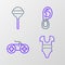 Set line Swimsuit, Gamepad, Ear with earring and Lollipop icon. Vector
