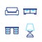 Set line Table lamp, Office desk, Chest of drawers and Sofa icon. Vector