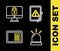 Set line Tablet with exclamation mark, Motion sensor, Safe and Lock computer monitor icon. Vector