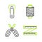 Set line Tape measure, Scissors, Sewing thread on spool and Zipper icon. Vector