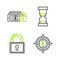 Set line Target with dollar symbol, Lock, Old hourglass flowing sand and Money lock icon. Vector