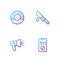 Set line Telephone call 911, Police megaphone, Donut and Bloody knife. Gradient color icons. Vector