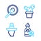 Set line Tequila bottle with lemon, Mexican man sombrero, Cactus or succulent in pot and Gong icon. Vector