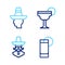 Set line Tequila glass with lemon, Mexican man sombrero, Margarita cocktail and icon. Vector