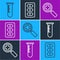 Set line Test tube and flask, Magnifying glass for search medical and Pills in blister pack icon. Vector