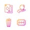 Set line Ticket, Popcorn in box, Playing cards and Magic ball on hand. Gradient color icons. Vector