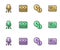 Set line Time is money, Office chair, Stacks paper cash and Sell button icon. Vector
