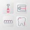 Set line Tooth, Dentures model, and Toothbrush icon. Vector