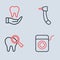 Set line Tooth drill, Broken tooth, Dental floss and icon. Vector