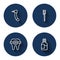 Set line Tooth drill, Toothbrush, Teeth with braces and Mouthwash with long shadow. Blue circle button. Vector