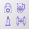 Set line Torah scroll, Burning candle in candlestick, Decanter with star of david and Shopping bag icon. Vector
