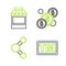 Set line Trademark, Share, Coin money with dollar and Shopping building or market store icon. Vector