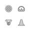 Set line Traffic cone, Medal, Alloy wheel for car and Speedometer icon. Vector