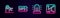 Set line Turnstile, Train ticket, Flasher siren and Railway map. Glowing neon icon. Vector