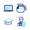 Set line User protection, Graduation cap, Coffee pot and laptop icon. Vector