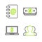 Set line Users group, Laptop with dollar symbol, Stacks paper money cash and Address book icon. Vector