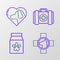 Set line Veterinary clinic symbol, Bag of food for pet, Pet first aid kit and Heart with dog icon. Vector
