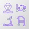 Set line Walker, Treadmill machine, Electric wheelchair and Head of deaf and dumb icon. Vector