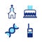 Set line Walkie talkie, DNA symbol, Cake with burning candles and Church building icon. Vector