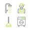 Set line Washer, Rubber plunger, Plumber and Shower icon. Vector