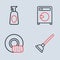 Set line Washer, Washing dishes, Rubber plunger and Cleaning spray with detergent icon. Vector