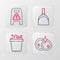 Set line Washing dishes, Bucket with soap suds, Dustpan and Wet floor and cleaning progress icon. Vector