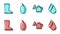 Set line Watering can, Waterproof rubber boot, Plum fruit and Water drop icon. Vector