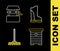 Set line Waterproof rubber boot, Hive for bees, Garden rake and Well icon. Vector