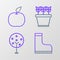 Set line Waterproof rubber boot, Tree, Plants in pot and Apple icon. Vector