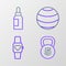 Set line Weight, Smart watch, Fitness ball and Essential oil bottle icon. Vector