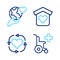 Set line Wheelchair for disabled person, Volunteer, Shelter homeless and Hand holding Earth globe icon. Vector