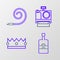 Set line Whiskey bottle, Crown, Photo camera and Birthday party horn icon. Vector