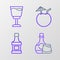 Set line Whiskey bottle and glass, Coconut cocktail and Wine icon. Vector