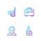 Set line Whiskey bottle and glass, Location, Diving mask snorkel and Suitcase. Gradient color icons. Vector