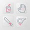 Set line Whistle, Baseball bat, glove and Paper glass with water icon. Vector