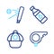 Set line Whistle, Baseball cap, Bottle of water and bat with icon. Vector