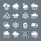 Set line Windy weather, Cloud with rain and lightning, snow moon, Water drop percentage, and Snowflake icon. Vector