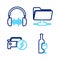 Set line Wine bottle with glass, Electric car, FTP folder and Headphone and sound waves icon. Vector