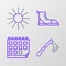 Set line Wooden axe, Calendar, Hiking boot and Sun icon. Vector